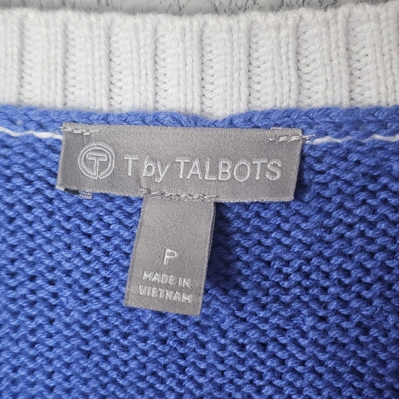 T by Talbots Petite Womens PP Blue Sweater White V Neck Tennis Preppy Resort - Picture 4 of 10